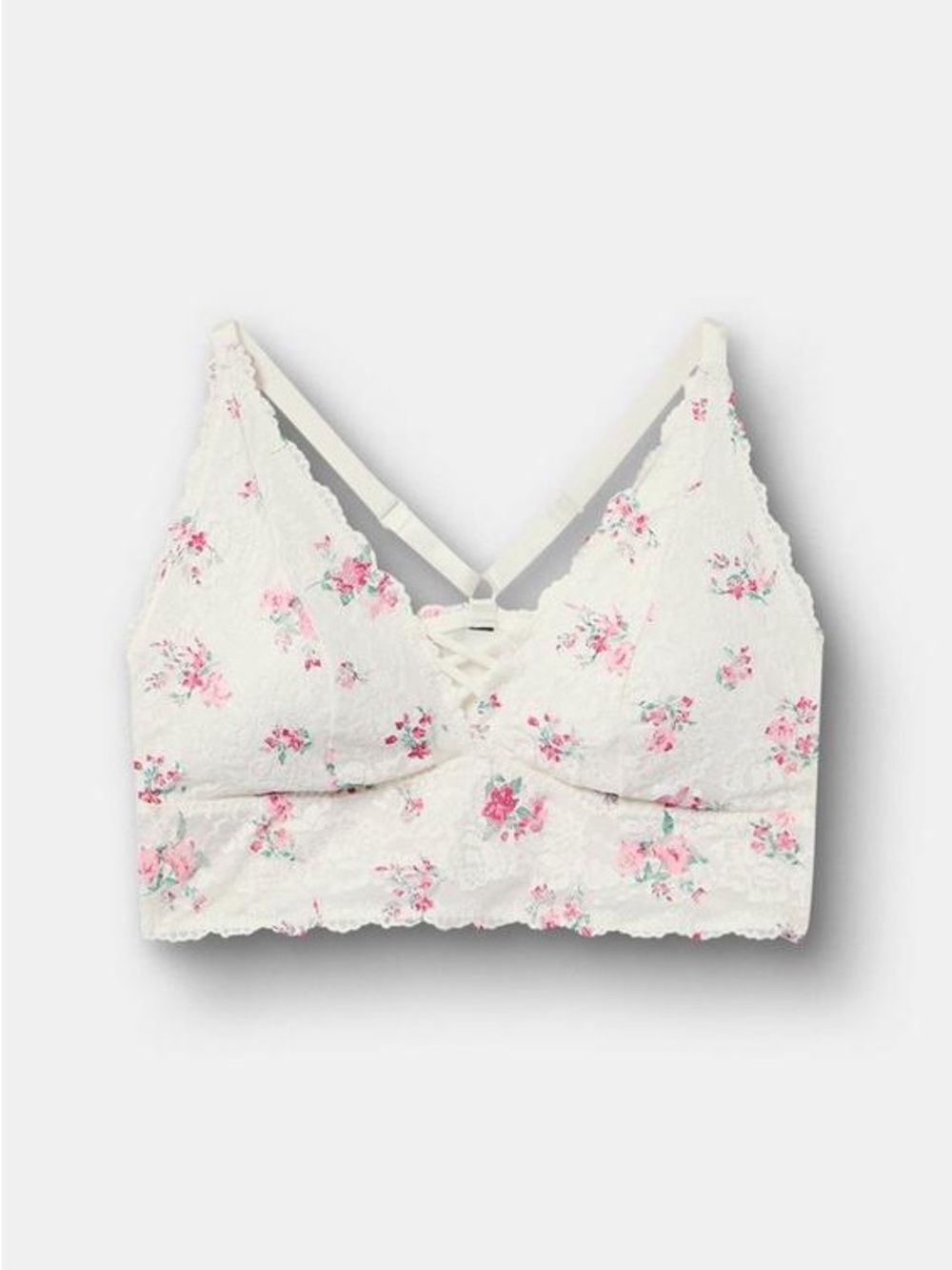 Torrid Lightly Lined XO Lace Bralette Size 2 2X 18/20 White Pink Floral Pattern